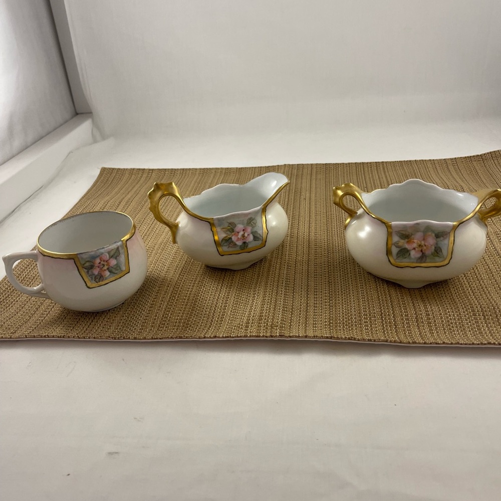 Vintage Floral Porcelain Creamer & Sugar Set with Gold Trim